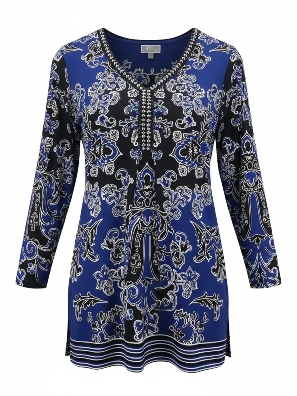 JM Collection Blue and Black Paisley V‑Neck Tunic with Bead Trim